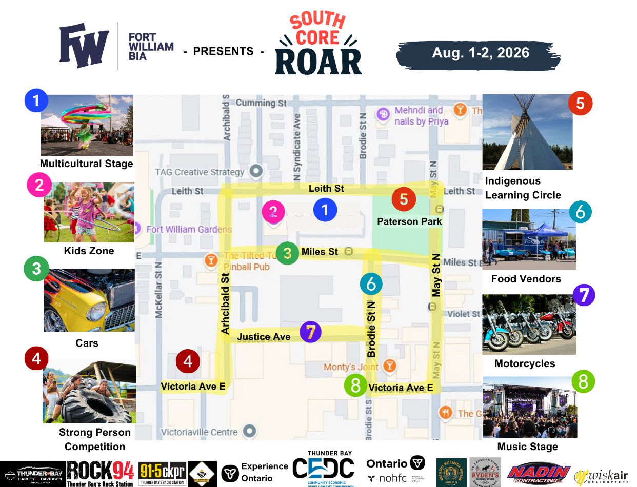 South Core Roar 2026 event map — stages, zones, vendors and parking across the Fort William Business District